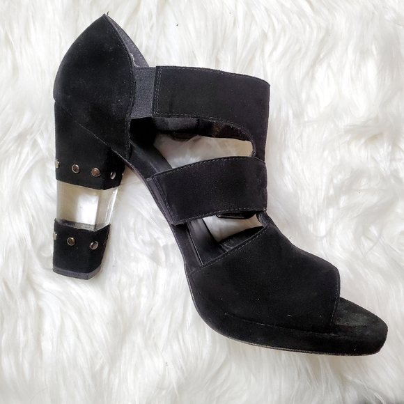 Stuart Weitzman | Black Suede Clear Open Toe Heels - Picture 3 of 8